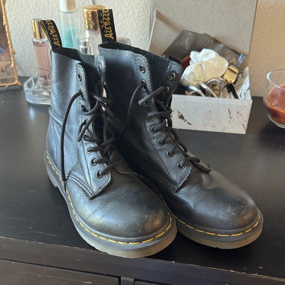 Dr. Martens Black Vegan Leather Boots with Yellow Stitching - Picture 1 of 1